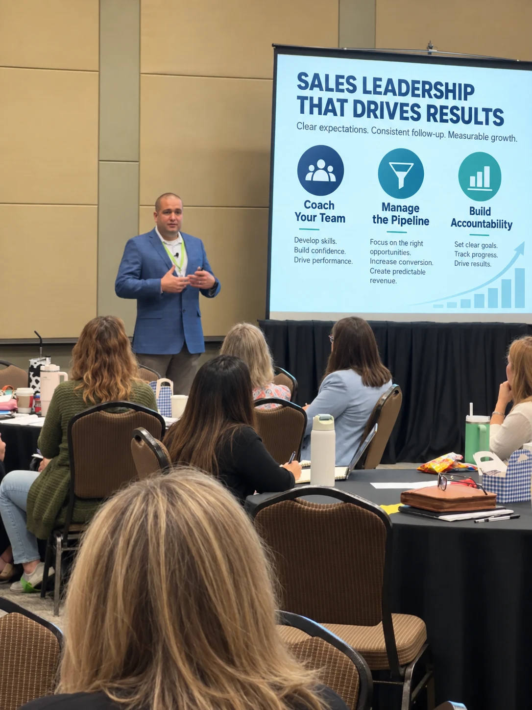 Presentation image illustrating sales leadership training on team coaching, pipeline management, and accountability